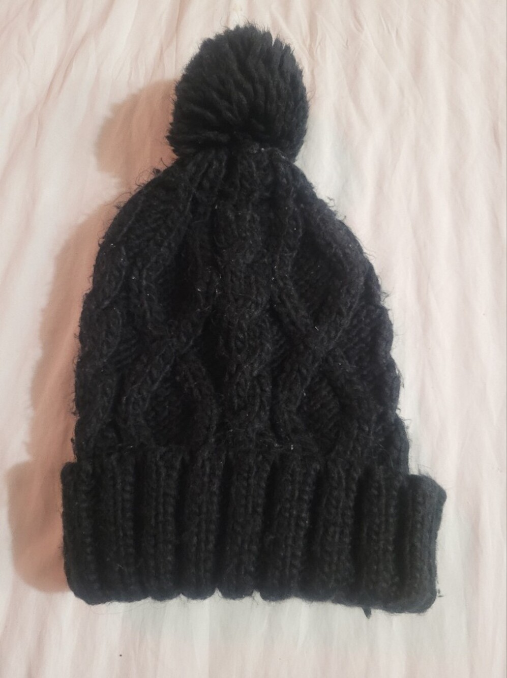 Black Cable Knit Pom Beanie - Women's Winter Hat